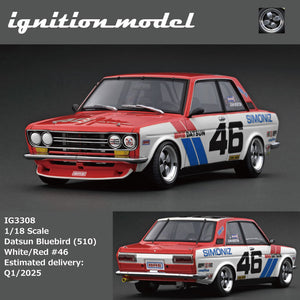 (Pre-Order) 1:18 Datsun Bluebird (510) -- BRE #46 White/Red -- Ignition Model IG3308