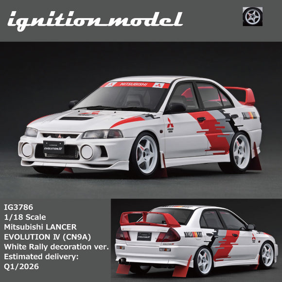 (Pre-Order) 1:18 Mitsubishi Lancer Evolution IV (CN9A) -- Ralliart White -- Ignition Model IG3786