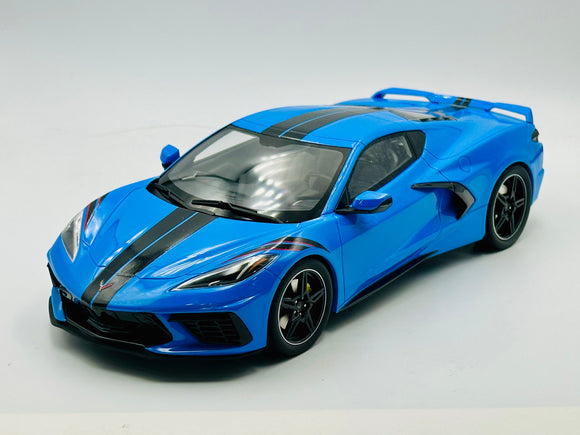 1:18 Chevrolet Corvette C8 -- Rapid Blue w/Black Stripes & Accents -- GT Spirit