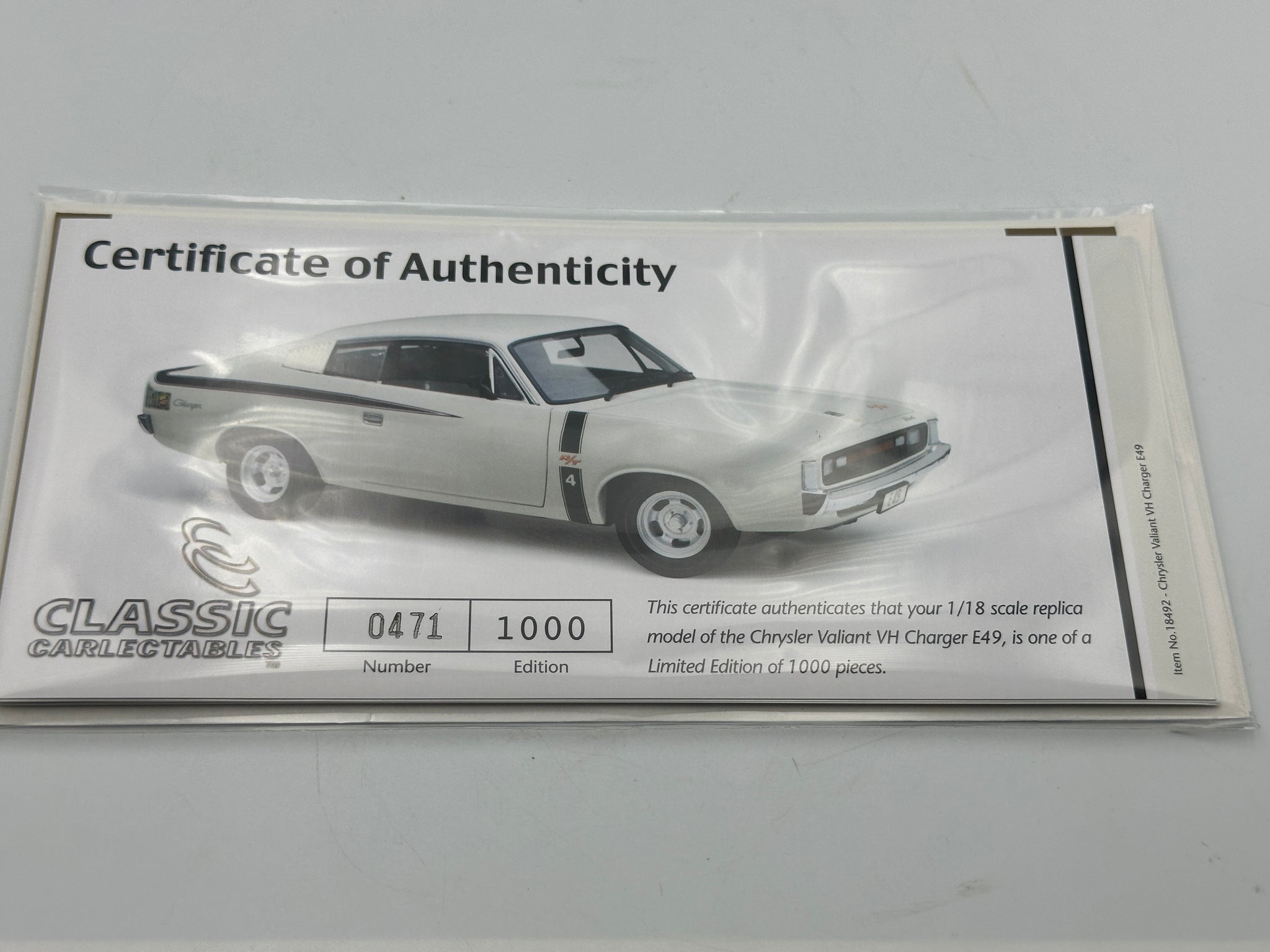 1:18 Valiant E49 Charger 'Small Tank' -- Alpine White -- Classic Carle