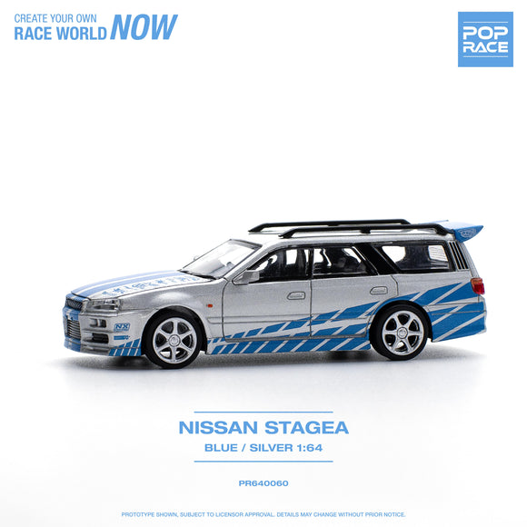 1:64 Nissan Stagea w/R34 GTR Skyline Front -- Blue/Silver -- Pop Race