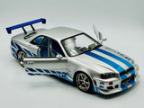 1:18 Brian's Nissan Skyline R34 GTR -- 1999 -- Silver w/Blue Accents -- Greenlight SH