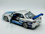 1:18 Brian's Nissan Skyline R34 GTR -- 1999 -- Silver w/Blue Accents -- Greenlight SH