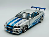 1:18 Brian's Nissan Skyline R34 GTR -- 1999 -- Silver w/Blue Accents -- Greenlight SH