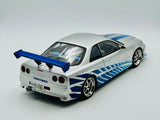 1:18 Brian's Nissan Skyline R34 GTR -- 1999 -- Silver w/Blue Accents -- Greenlight SH