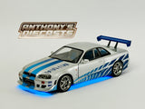 1:18 Brian's Nissan Skyline R34 GTR -- 1999 -- Silver w/Blue Accents -- Greenlight SH