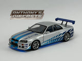 1:18 Brian's Nissan Skyline R34 GTR -- 1999 -- Silver w/Blue Accents -- Greenlight SH