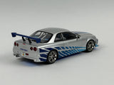 1:18 Brian's Nissan Skyline R34 GTR -- 1999 -- Silver w/Blue Accents -- Greenlight SH