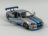 1:18 Brian's Nissan Skyline R34 GTR -- 1999 -- Silver w/Blue Accents -- Greenlight SH