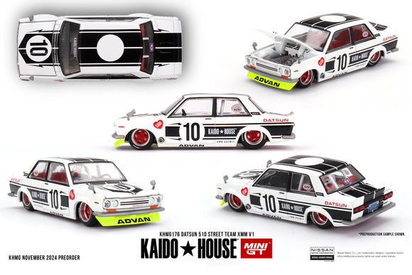 (Pre-Order) 1:64 Datsun 510 Street Team XMM V1 - #10 White -- KaidoHouse x Mini GT KHMG176