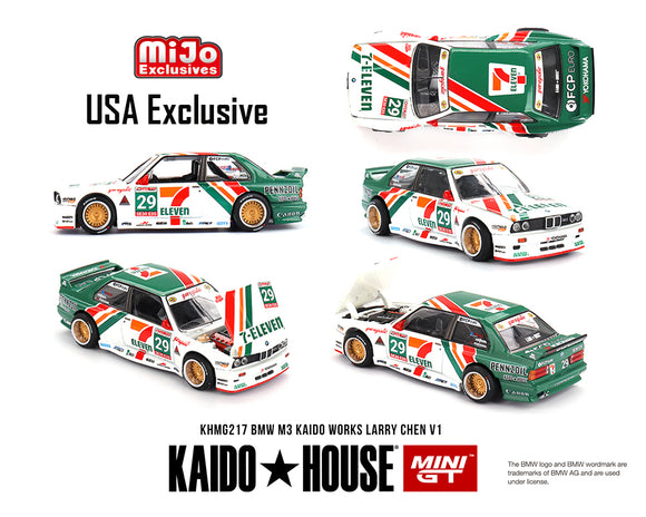 (Pre-Order) 1:64 BMW M3 (E30) Kaido Works V1 - 7-Eleven Larry Chen -- Kaido House x Mini GT KHMG217