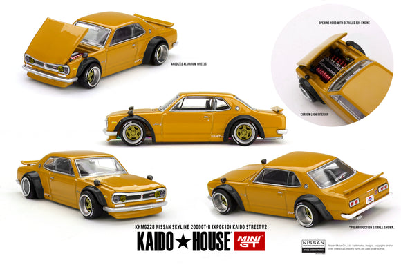 (Pre-Order) 1:64 Nissan Skyline 2000GT-R (KPGC10) Kaido Street V2 - Yellow -- Kaido House x Mini GT KHMG228