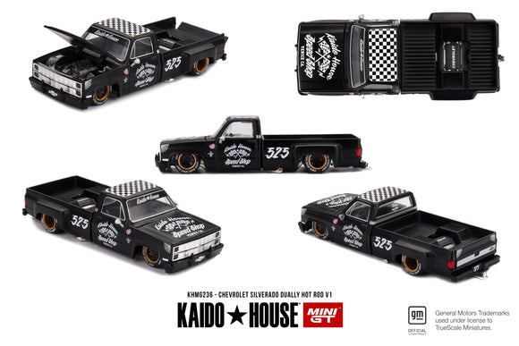 (Pre-Order) 1:64 Chevrolet Silverado Dually Hot Rod V1 -- Speed Shop Black -- Kaido House x Mini GT KHMG236