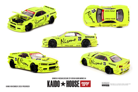 (Pre-Order) 1:64 Nissan Skyline R34 GTR Kaido Works V4 - Neon Yellow -- Kaido House x Mini GT KHMG241
