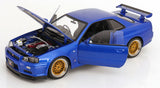 (Pre-Order) 1:12 Nissan R34 Skyline GT-R V-Spec II -- Blue w/Gold BBS Wheels -- KK-Scale