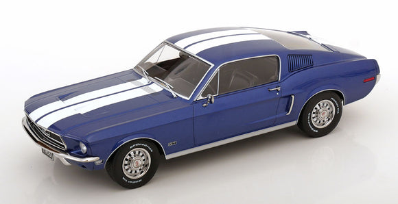 1:18 1968 Ford Mustang GT Fastback -- Blue w/White Stripes -- KK-Scale