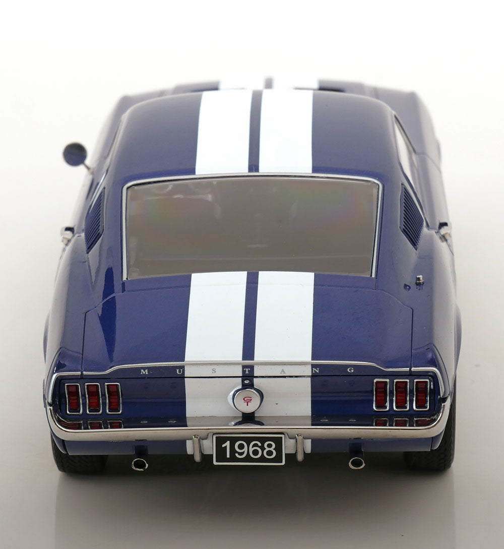 1:18 1968 Ford Mustang GT Fastback -- Blue w/White Stripes -- KK-Scale