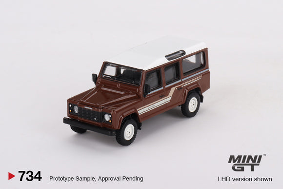 (Pre-Order) 1:64 Land Rover Defender 110 1985 County Station Wagon -- Russet Brown -- Mini GT