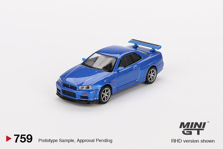 1:64 Nissan Skyline GT-R (R34) V-Spec -- Bayside Blue -- Mini GT MGT00