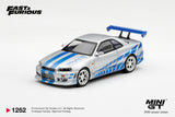 (Pre-Order) 1:64 Brian's Nissan Skyline R34 GTR -- Silver/Blue -- Mini GT: Fast & Furious
