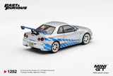 (Pre-Order) 1:64 Brian's Nissan Skyline R34 GTR -- Silver/Blue -- Mini GT: Fast & Furious