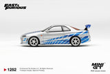 (Pre-Order) 1:64 Brian's Nissan Skyline R34 GTR -- Silver/Blue -- Mini GT: Fast & Furious