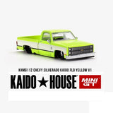 1:64 Chevrolet Silverado Kaido V1 Flo Yellow -- Kaido House x Mini GT KHMG112