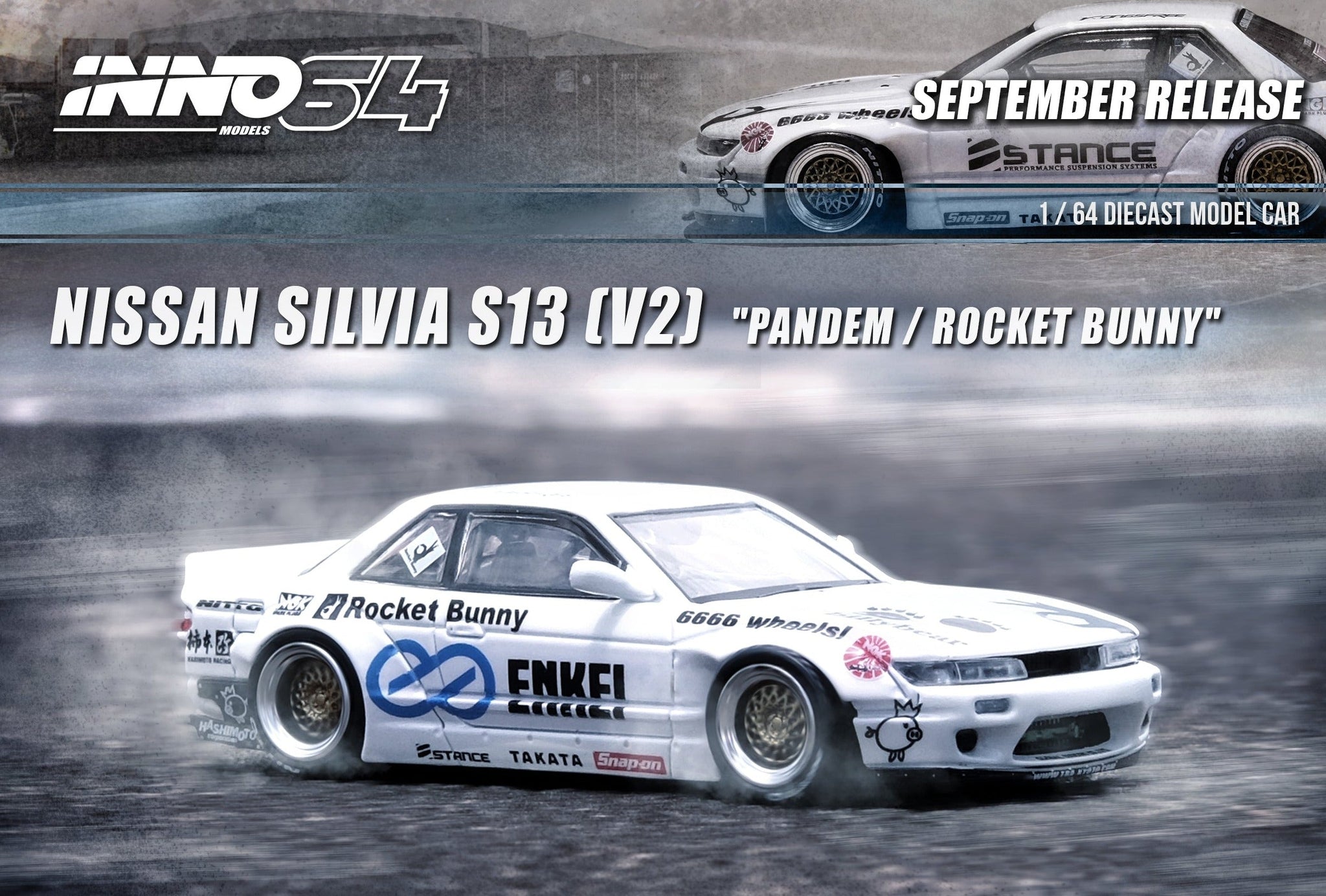 1:64 Nissan Silvia S13 V2 Pandem Rocket Bunny -- White -- INNO64
