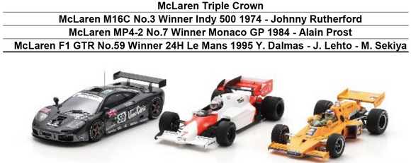 (Pre-Order) 1:43 McLaren Triple Crown -- Monaco F1, Indy 500, 24 Hr Le Mans -- Spark