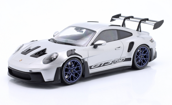 1:18 Porsche 911 (992) GT3 RS Coupe 2023 -- Silver w/Blue Wheels -- Minichamps