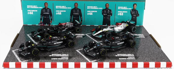 1:43 Mercedes-AMG F1 Team 4-Pack Set -- Lewis Hamilton/George Russell -- Bburago F1