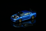 (Pre-Order) 1:64 Nissan GT-R (R34) Skyline w/GT Aero Kit -- Bayside Blue -- Motorhelix