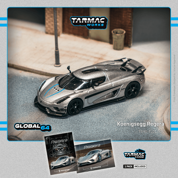 (Pre-Order) 1:64 Koenigsegg Regera -- Silver Metallic / Blue Accents -- Tarmac Works x Tarmac Cards