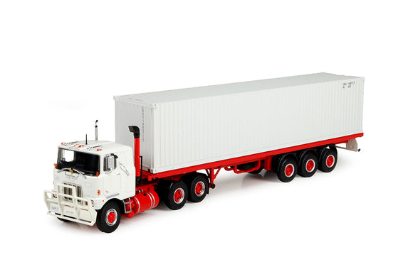 1:50 Mack F700 Truck, Flat Top Trailer, 40' Container -- White/Red -- Tekno