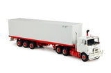 1:50 Mack F700 Truck, Flat Top Trailer, 40' Container -- White/Red -- Tekno