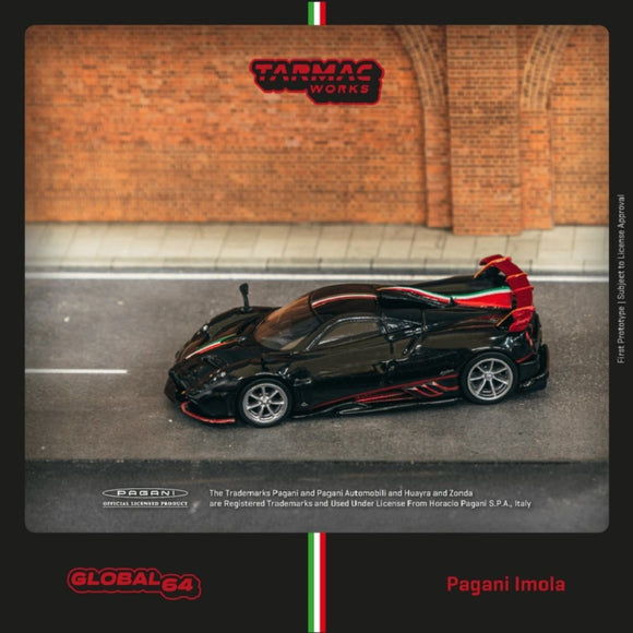 (Pre-Order) 1:64 Pagani Imola -- Nero Oro (Black w/Red Stripes) -- Tarmac Works