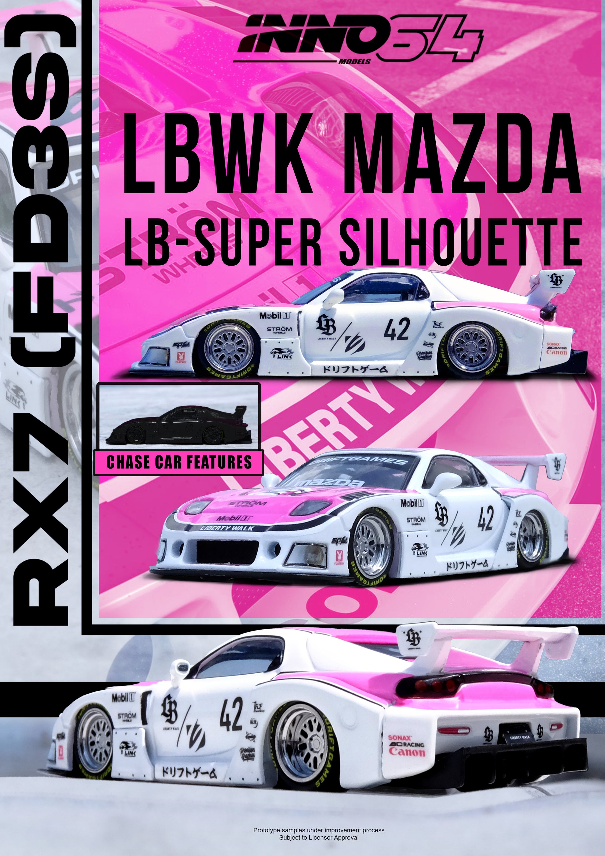 新品　未開封　ドレスローザ1〜4 全24種　コレクタブル Pre-Order) 1:64 Mazda RX-7 LB-Super Silhouette -- #42 Pink/White Drif
