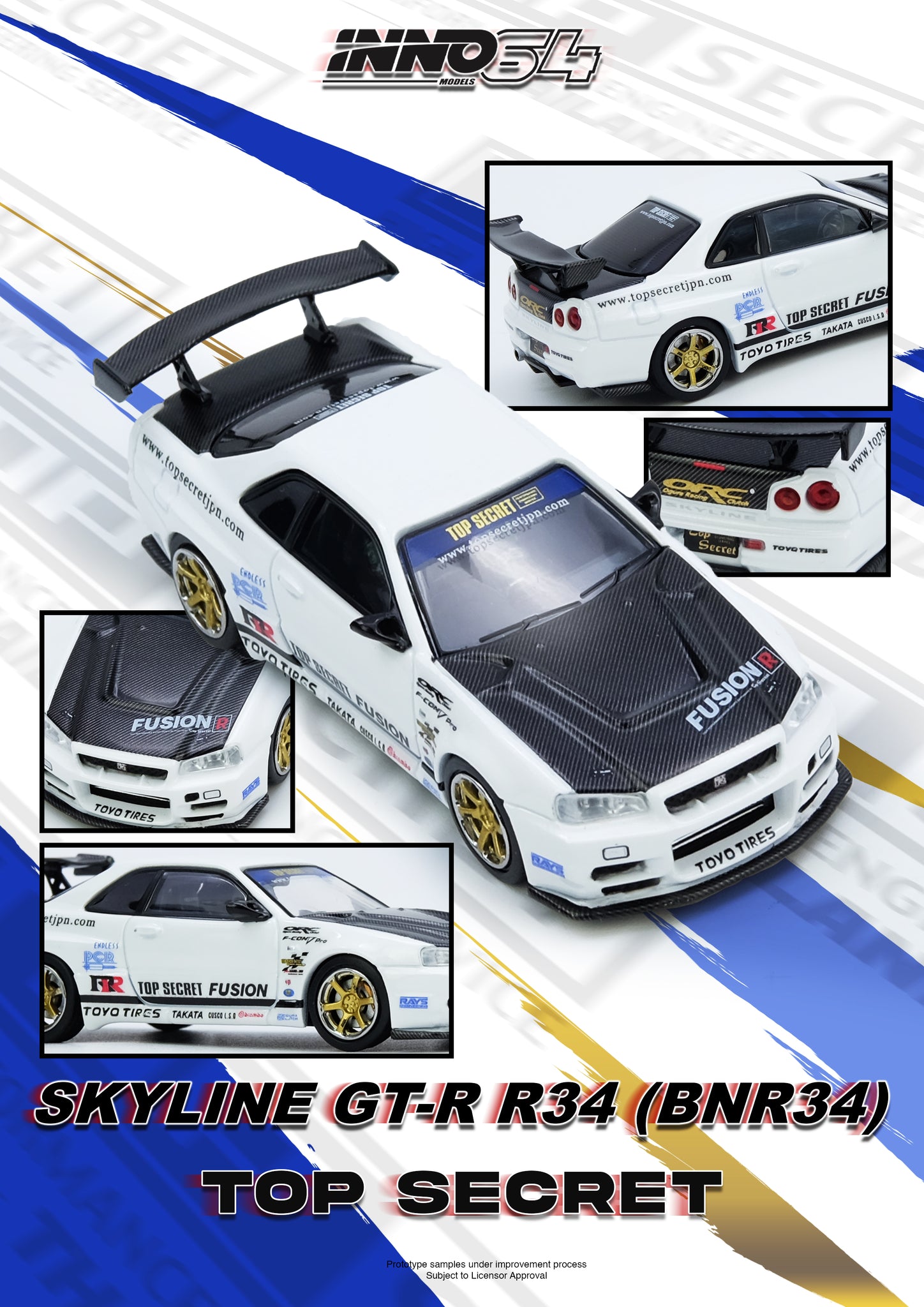 Pre-Order) 1:64 Nissan Skyline GT-R (R34) TOP SECRET -- White -- INNO