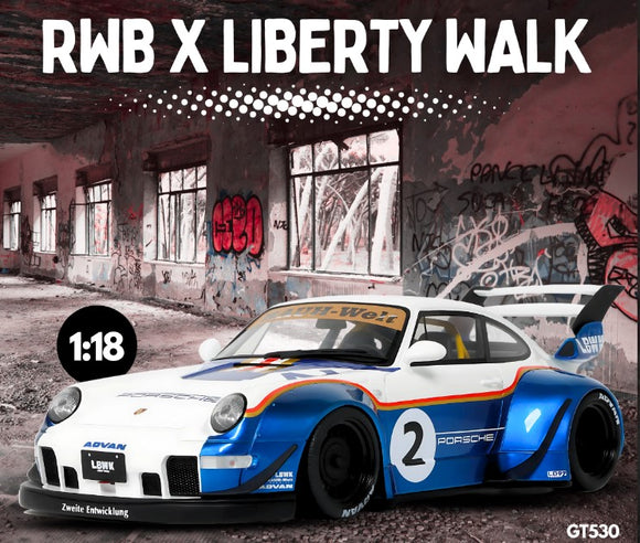 (Pre-Order) 1:18 RWB 993 Liberty Walk -- #2 White/Blue -- GT Spirit Porsche 911