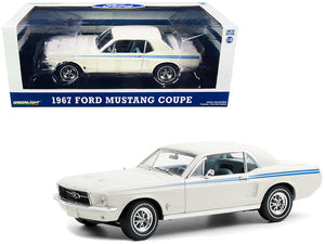 1:18 1967 Ford Mustang Coupe -- Wimbledon White w/Blue Stripes -- Greenlight