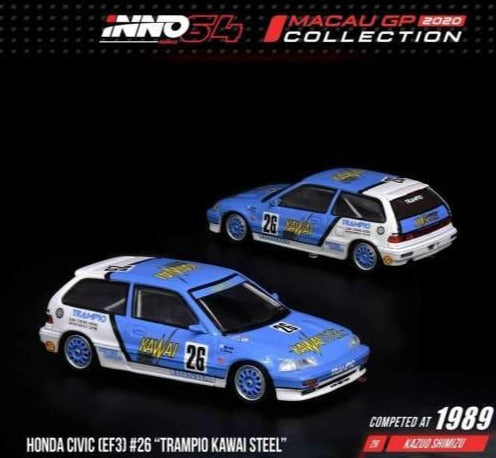 1:64 Honda Civic EF3 -- 1989 #26 *Trampio Kawai Steel* Macau Guia Race -- INNO64