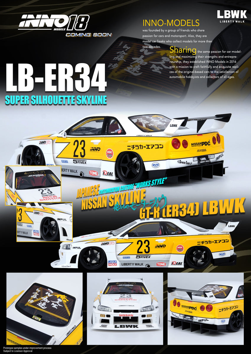 1:18 LBWK Nissan E-R34 Super Silhouette Skyline GTR -- White/Yellow