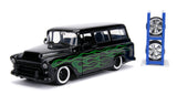 1:24 1957 Chevrolet Surburban -- Black/Green Flames w/Extra Wheels -- JADA