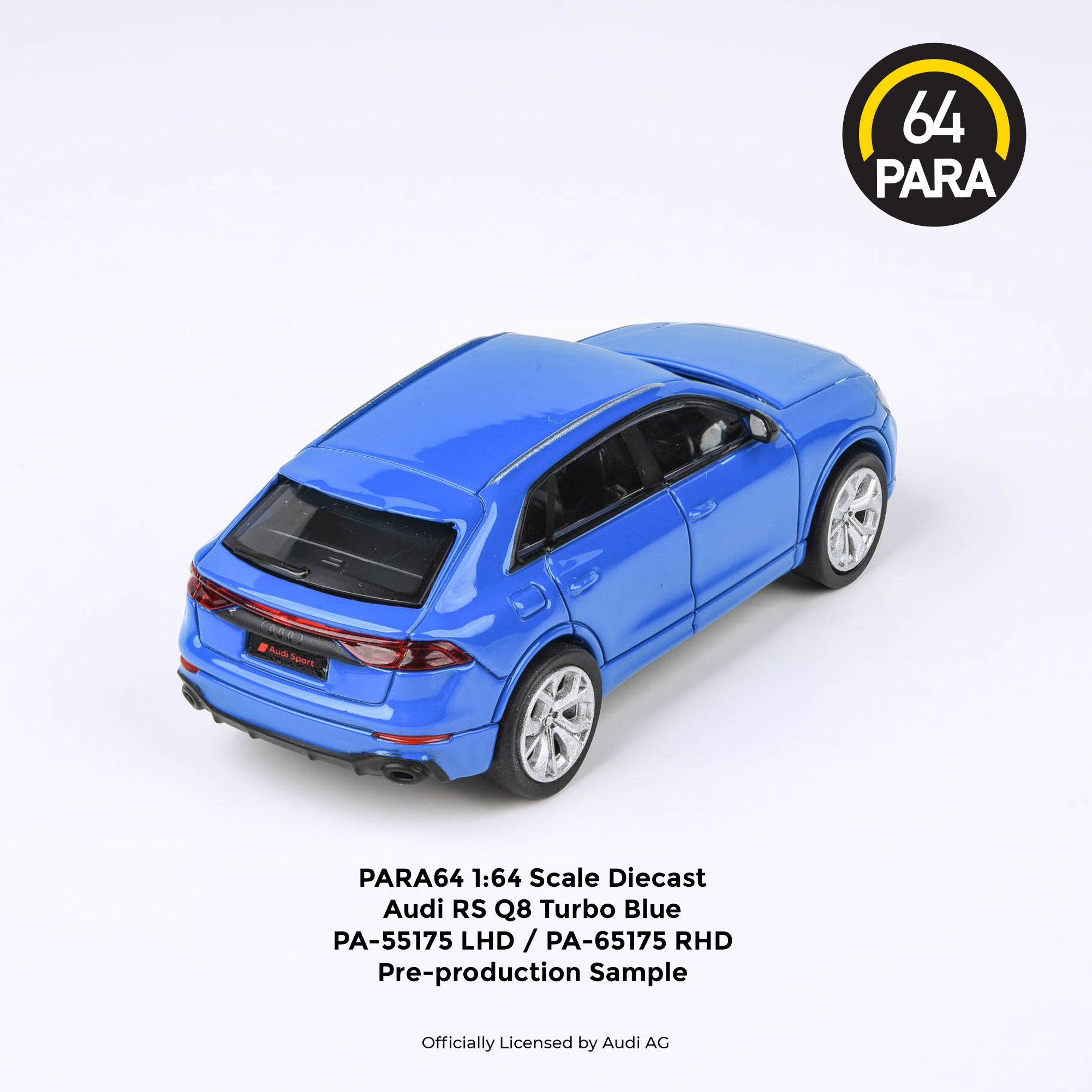 Paragon 1/64 - Audi RS Q8 Turbo Bleu Métallisé, Conduite à Gauche, Miniature Diecast