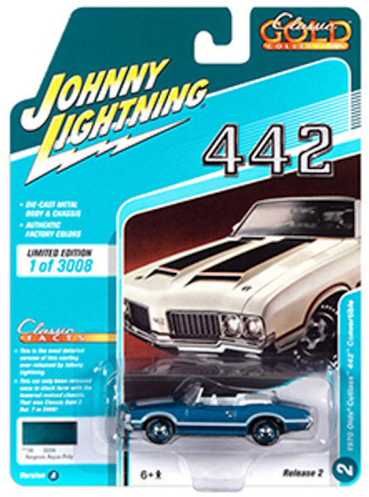 1:64 1970 Oldsmobile Cutlass 442 Convertible -- Aqua Poly -- Johnny Lightning