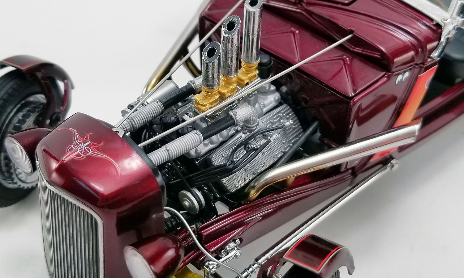 1:18 1934 Ford Roadster Hot Rod -- Brandywine Burgundy w/Flames -- ACM