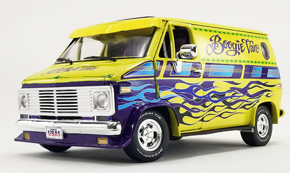 1:18 1976 Chevrolet G-Series Van -- Boogie Van (Yellow w/Blue Flames) -- ACME