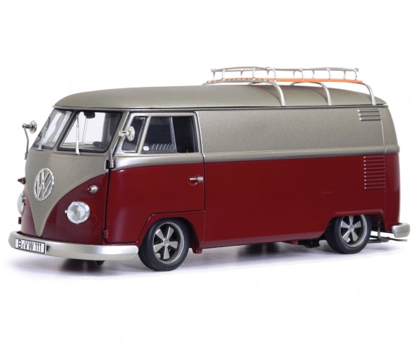 1:18 Volkswagen (VW) T1 Kombi Custom Lowrider -- Maroon/Silver -- Schu